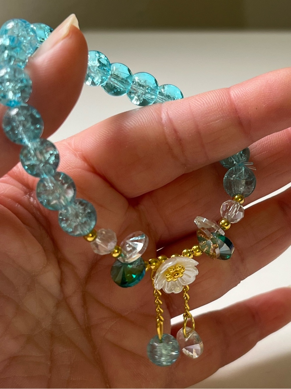 Aqua Glass Beaded Bracelet w/ Daisy Charm & Crystal Accents